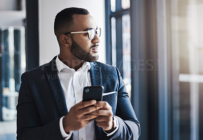 Buy stock photo Phone, thinking and business man in office for investment idea, opportunity and corporate mindset. African worker, vision and planning with mobile app for email, financial decision and inspiration