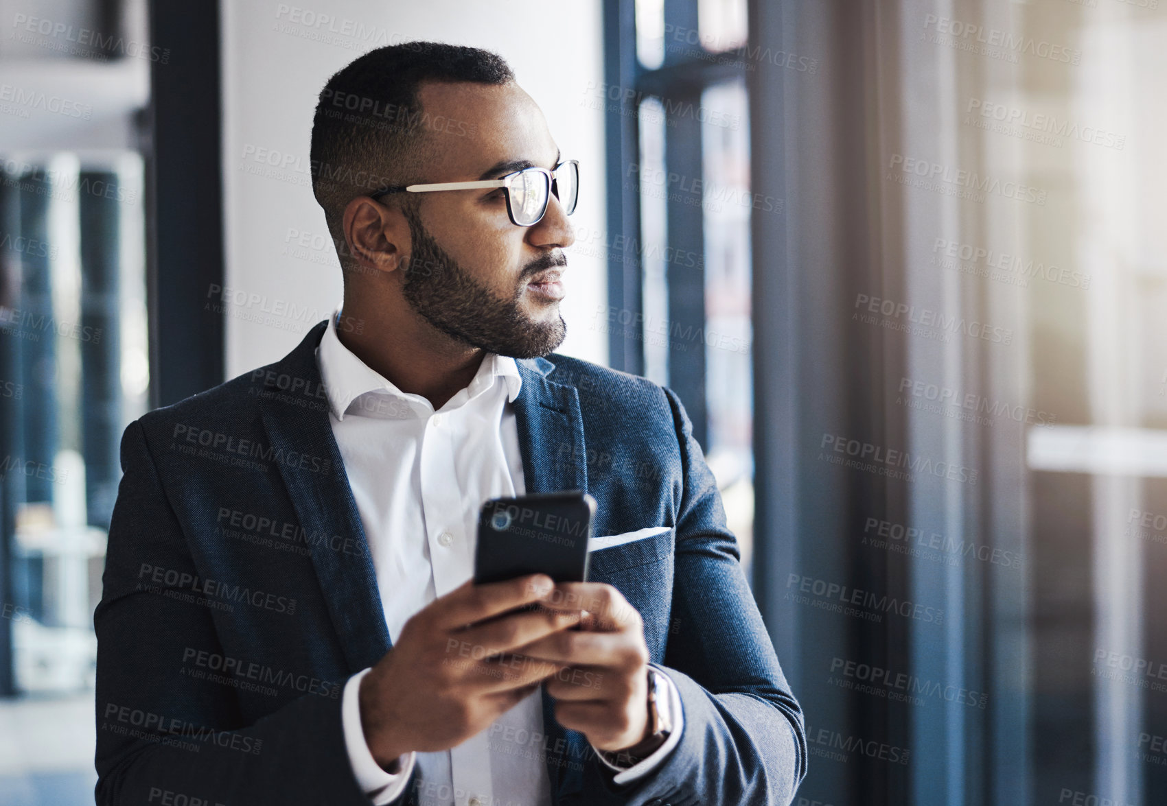 Buy stock photo Phone, thinking and business man in office for investment idea, opportunity and corporate mindset. African worker, vision and planning with mobile app for email, financial decision and inspiration