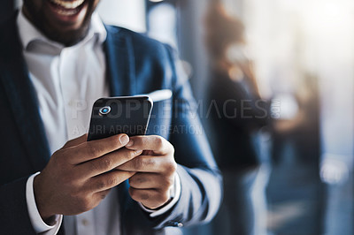 Buy stock photo Phone, hands and business man typing for investment meme, funny joke and laugh at email message. Closeup, mobile and corporate communication on app for schedule, profit and reading financial news