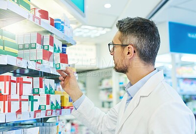 Buy stock photo Pharmacy, pills and search with man and shelf for medicine, advice and healthcare inspection. Medical, insurance and antibiotic prescription with pharmacist for inventory, drugstore and dispensary