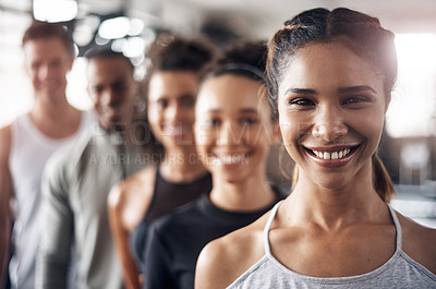 Buy stock photo Portrait, gym and row of people for fitness, exercise and training leader in sports club. Friends, personal trainer and line of men and women smile for wellness, health class and workout for progress