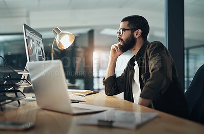 Buy stock photo Computer, reading and research with business man in office for web designer, ux tools or planning. Coding homepage, night and developer with person in tech agency for cms platform, glasses and laptop