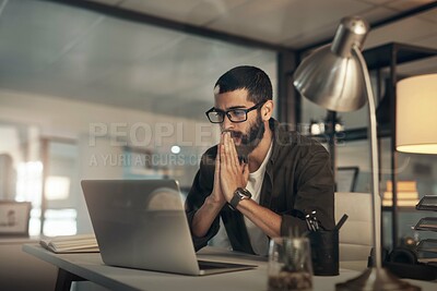 Buy stock photo Creative, man and thinking with laptop at desk in office for overtime, deadline or mistake. Stress, planning and problem solving with design employee with late night, burnout and 404 error or glitch