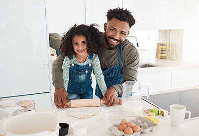 Buy stock photo Baking, portrait and dad with child in kitchen with rolling pin to prepare cake, cookies or dessert. Family, happy and father with girl with ingredients, recipe and food for learning, bonding and fun