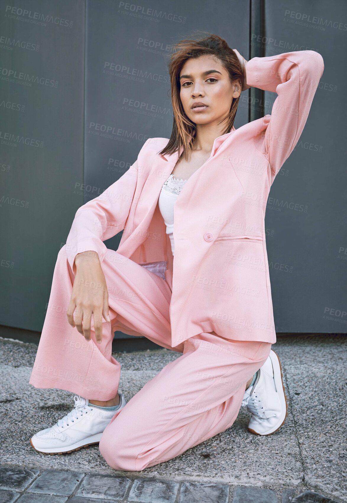 Buy stock photo Woman, sidewalk and city with portrait and fashion influencer with style, trending and modern clothes outdoor. Urban, building and business casual outfit with young person from Brazil with suit