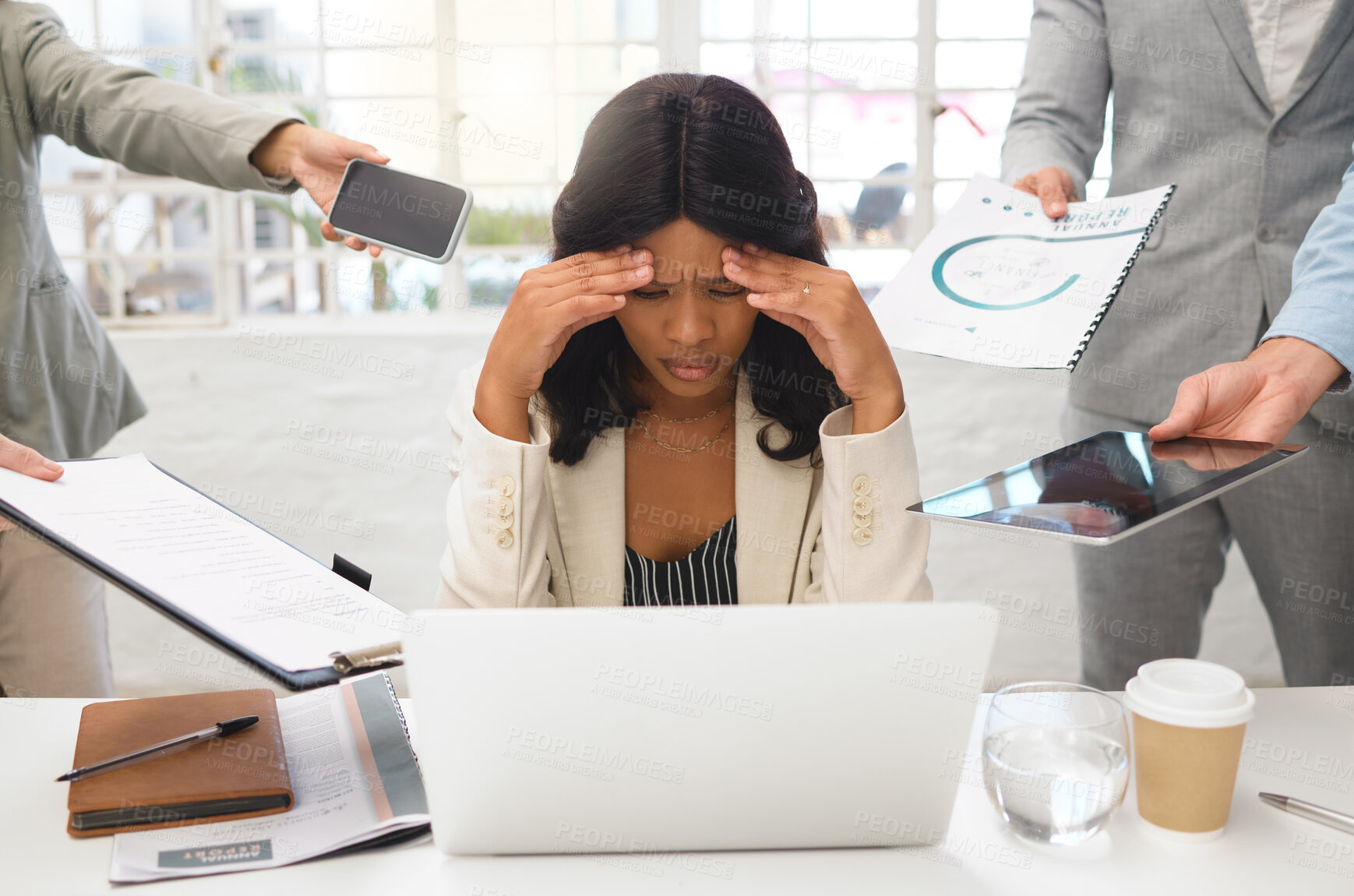 Buy stock photo Business, woman and chaos with headache from stress in office, management anxiety and bad multitasking. Person, employees and equipment with burnout, deadline challenge and disaster for overworking
