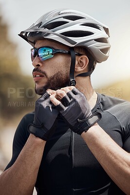 Buy stock photo Male cyclist, ready or safety for helmet with outdoor cycling or thinking, fitness goal or idea for sport. Man, gear or sunglasses for security in workout or planning, ride or countryside for health