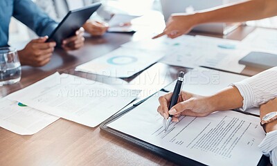 Buy stock photo Hand of business people sign contract at meeting after negotiation for b2b agreement or corporate partnership deal. Collaboration, teamwork and hands of team analyzing company financial profit data 