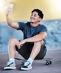 Skateboard, selfie and man outdoor at an urban skate park for exercise, training and fun while taking a profile picture for social media. Gen z, skating and sports motivation content on a smartphone