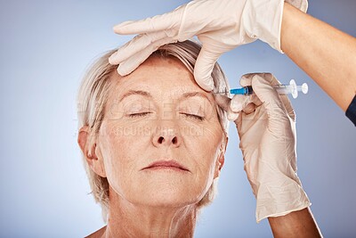 Buy stock photo Skincare, mature woman and botox injection from healthcare professional for anti aging treatment for wrinkles on forehead. Beauty, facial wellness and a senior lady getting collagen filler injected.