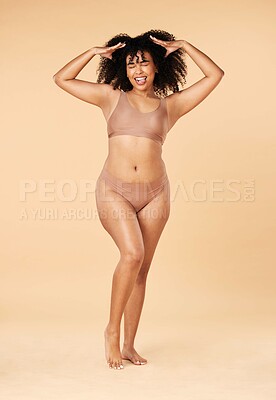 Buy stock photo Hair care, tongue out and beauty of black woman in lingerie in studio isolated on a brown background. Underwear, skincare and cosmetics of happy young model with spa treatment for growth and texture.
