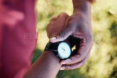 Buy stock photo Hands, smartwatch and fitness, heart rate check and sports, black man outdoor with health and technology. Workout, steps and digital, app and exercise with training, runner or athlete with progress