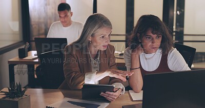 Buy stock photo Collaboration, tablet and business people teamwork on night project, digital finance portfolio or feedback review of stock market research. Financial economy, investment collaboration and trading