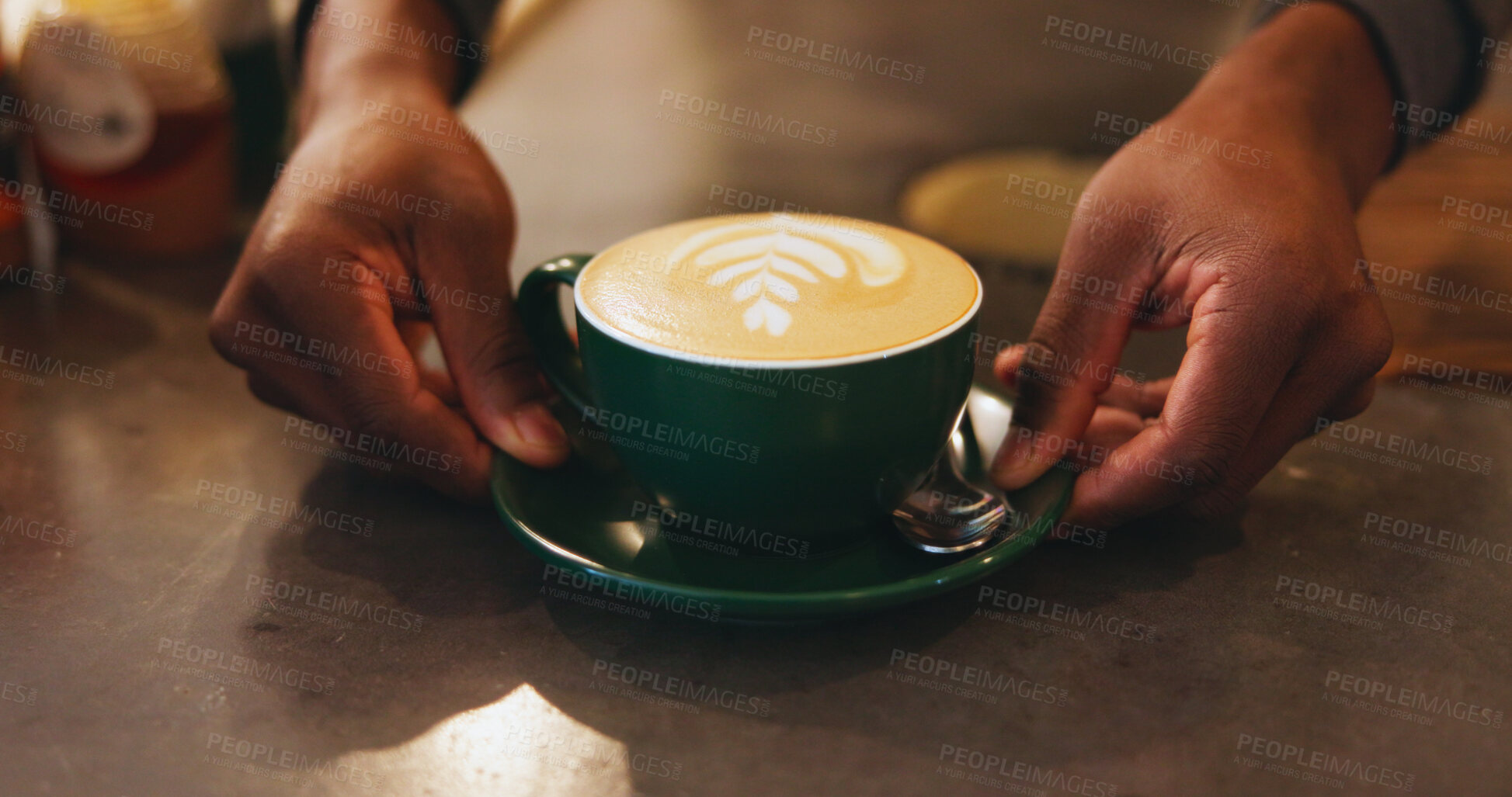 Buy stock photo Hands, latte art and presentation with barista at coffee shop counter for hospitality or service closeup. Creative, cup and drink with care or restaurant employee in startup cafe for small business 