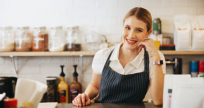 Buy stock photo Happy, woman and portrait of waitress in cafe with confidence for hospitality career. Smile, pride and face of barista from Australia with positive attitude for service in coffee shop or restaurant.