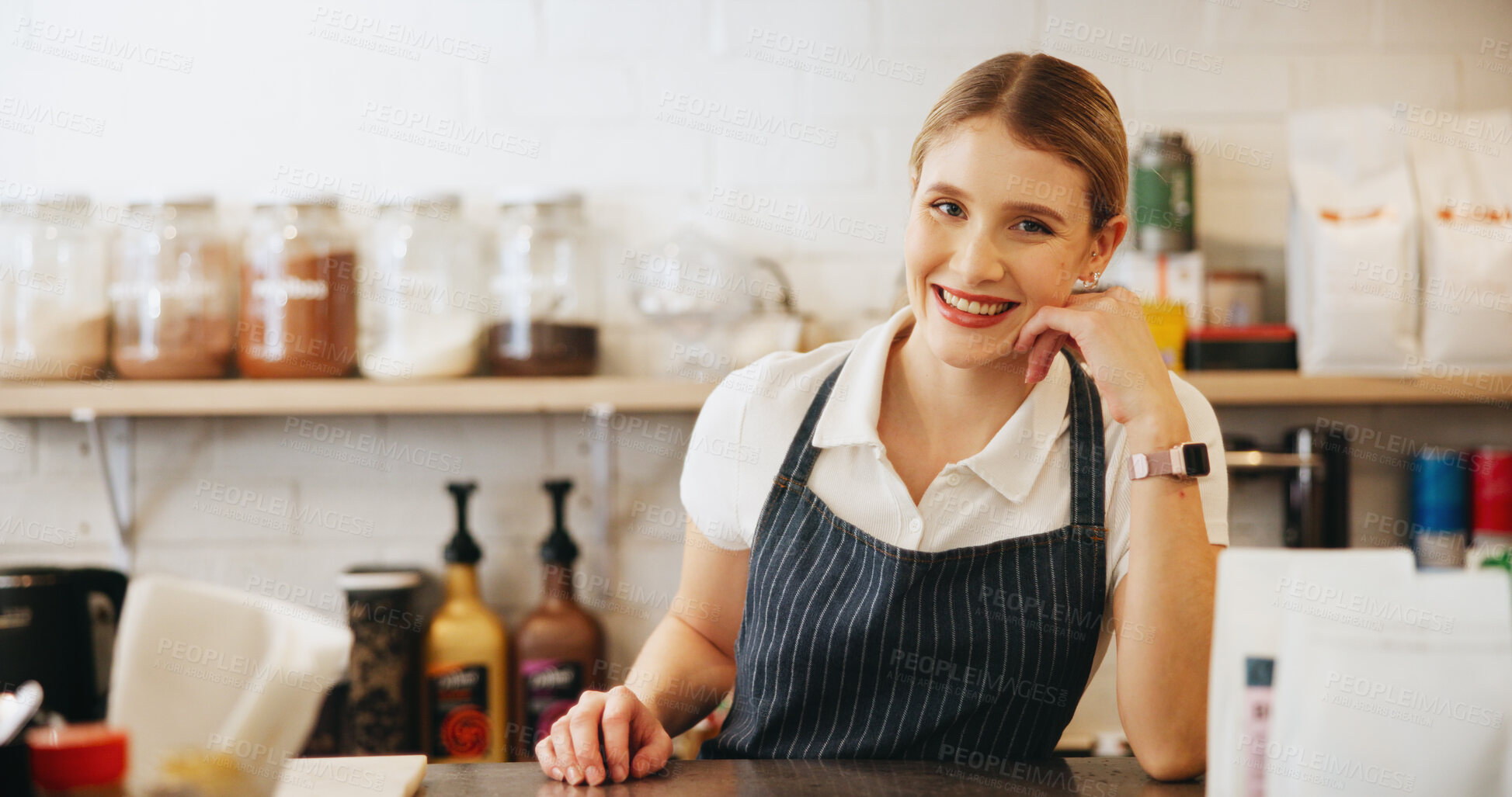 Buy stock photo Happy, woman and portrait of waitress in cafe with confidence for hospitality career. Smile, pride and face of barista from Australia with positive attitude for service in coffee shop or restaurant.