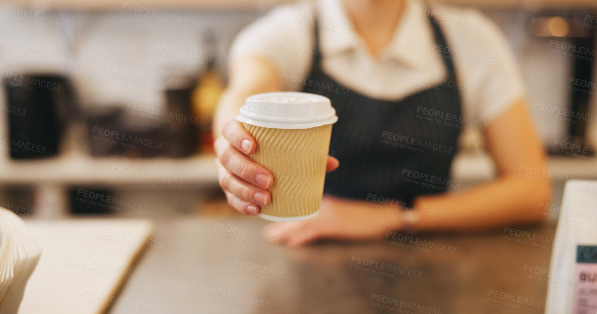 Buy stock photo Cafe, hands and business owner with coffee cup for order, service and customer sale. Entrepreneur, waiter or barista with warm drink for restaurant, bistro or caffeine takeaway with cappuccino latte