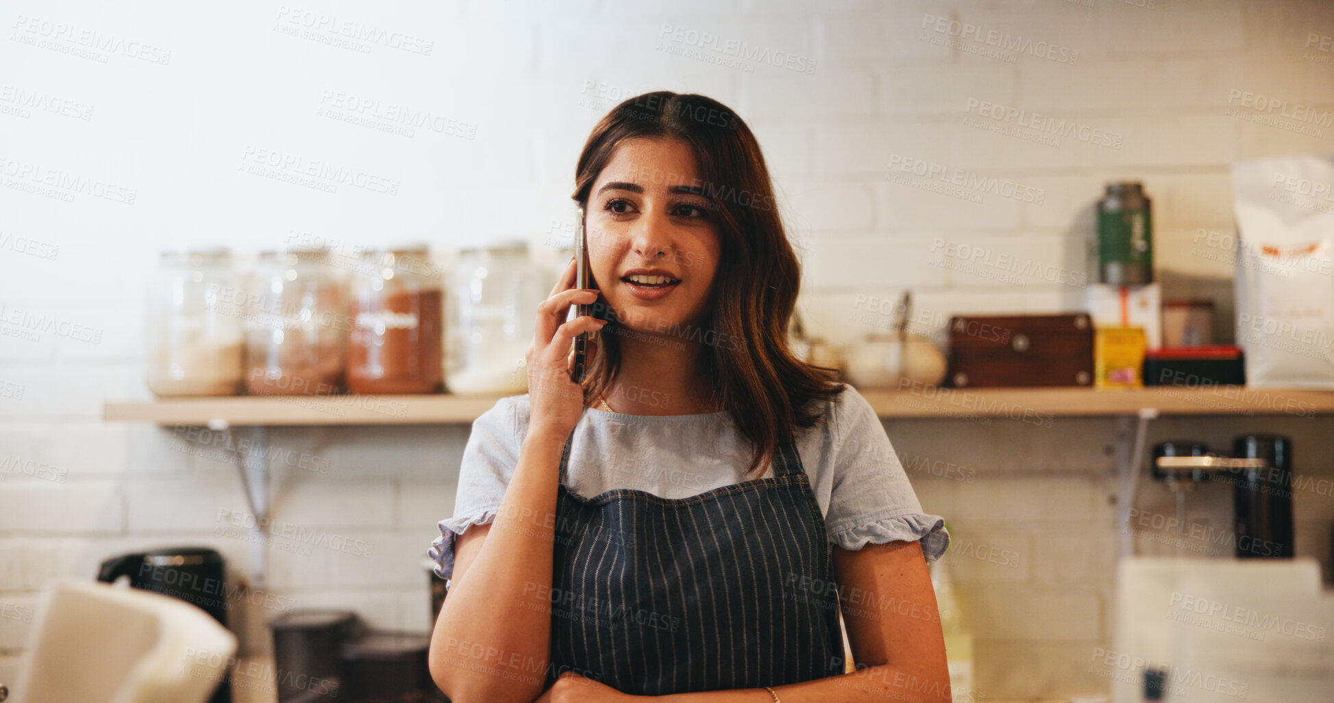 Buy stock photo Cafe, barista and business owner with phone call for restaurant management, orders or customer service. Entrepreneur, waiter and woman with digital technology for coffee shop, startup or ecommerce