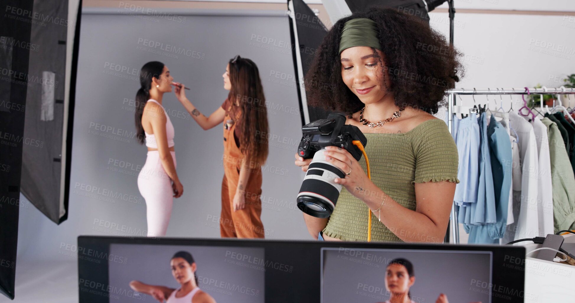 Buy stock photo Photography, director and model with women in studio for branding campaign, athleisure fashion line or promotion. Behind the scenes, ecommerce photoshoot or media launch with people for project