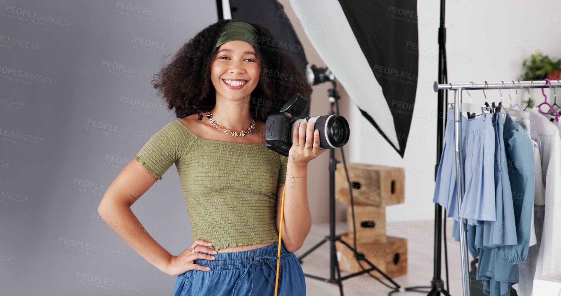 Buy stock photo Happy woman, portrait and camera in studio for photography, fashion advertising and behind the scene. Photographer, smile or tech in modeling agency for catalog shoot, content creation or videography