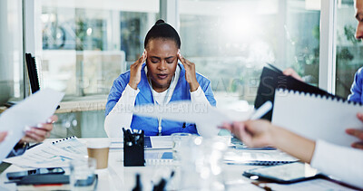 Buy stock photo Frustrated woman, nurse or headache with documents in meeting for overworked stress or anxiety at hospital. Female person, fatigue or migraine with chaos for medical paperwork or clinic deadline
