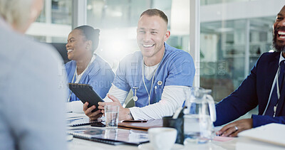 Buy stock photo Hospital, management and people in meeting with tablet, smile or planning healthcare funding in office. Teamwork, nurses or doctors in budget proposal workshop for medical collaboration with investor