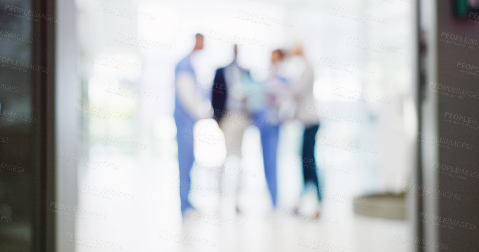 Buy stock photo Doctor, people or meeting with blur at hospital for surgery, medical planning or team discussion. Group, healthcare employees or colleagues with collaboration for health campaign or project at clinic