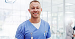Healthcare, man or nurse in hospital for portrait, public service or confident in expertise. Medical assistant, face or smile in clinic for about us, health insurance or relax in lobby with integrity