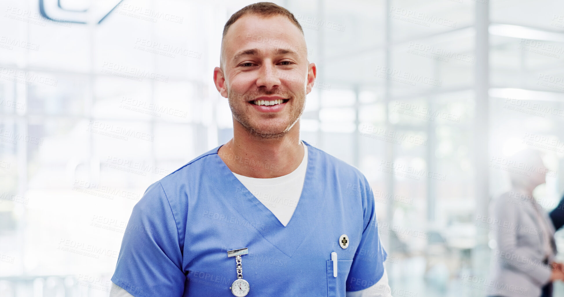 Buy stock photo Healthcare, man or nurse in hospital for portrait, public service or confident in expertise. Medical assistant, integrity or smile in clinic for about us, health professional or pride in lobby