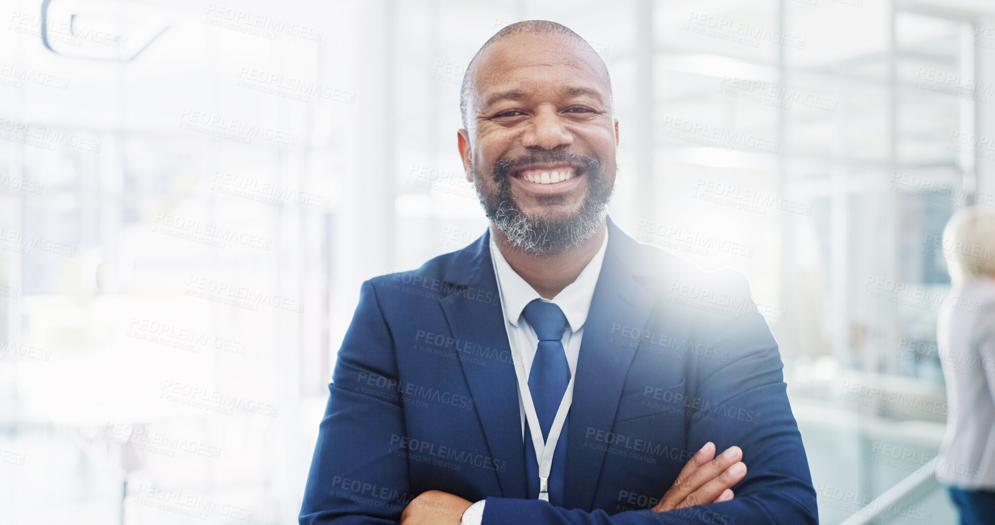 Buy stock photo Portrait, business and man in clinic, arms crossed and confidence with accountant, bookkeeper and pride. Face, happy person and employee in hospital, research fellowship and senior surgeon with smile