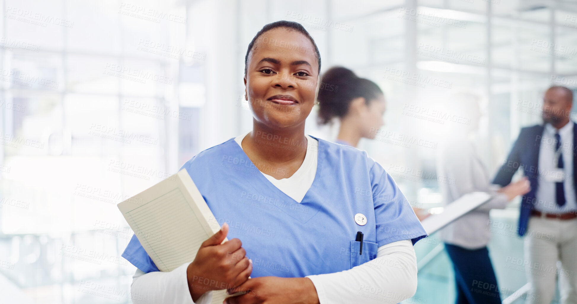 Buy stock photo Documents, portrait and nurse with woman in hospital for Clade 1 mpox virus, outbreak control or healthcare report. Virologist, medical development and disease tracking with person and file in clinic
