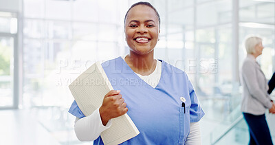 Buy stock photo Folder, portrait and nurse with woman in hospital for Clade 1 mpox virus, outbreak control or healthcare report. Virologist, medical development and disease tracking with person and file in clinic