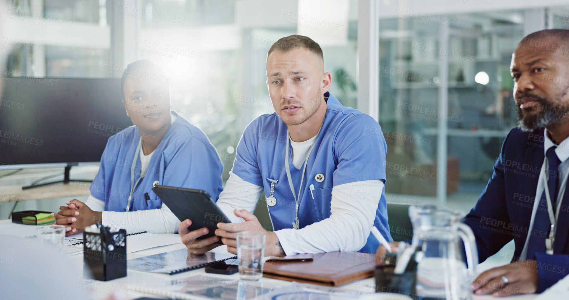 Buy stock photo Healthcare, medical team and meeting in hospital with tablet, collaboration and patient report feedback. Mature MD, people or tech in clinic for surgery assessment, insurance claim and service advice