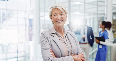 Buy stock photo Portrait, business and woman in hospital, arms crossed and confidence with accountant, researcher and smile. Face, happy person and employee in clinic, about us and senior surgeon with leadership