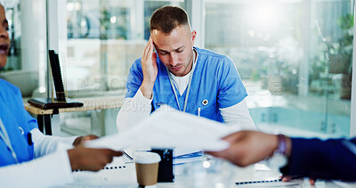 Buy stock photo Frustrated man, nurse or headache with document in meeting for overworked stress or anxiety at hospital. Male person, employee or fatigue with migraine for chaos, medical paperwork or clinic deadline