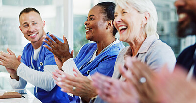 Buy stock photo Applause, nurses and people in management meeting with support, success or achievement in clinic. Smile, cheers and healthcare team in celebration for medical innovation, hospital funding and doctors