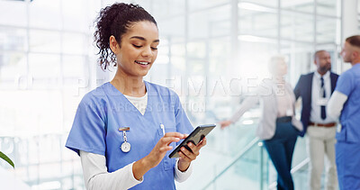 Buy stock photo Phone, research and nurse with woman in hospital for Clade 1 mpox virus, outbreak control and healthcare report. Virologist, medical development and disease tracking with person in clinic for alert