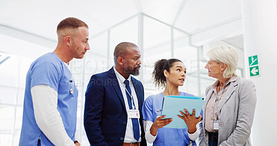 Buy stock photo Collaboration, medical and meeting with hospital manager speaking to staff for healthcare planning. Administration, conversation and management with professional talking to medicare team in clinic