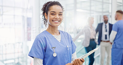 Buy stock photo Portrait, files and nurse with woman in hospital for Clade 1 mpox virus, outbreak control and healthcare report. Virologist, medical development and disease tracking with person in clinic for update