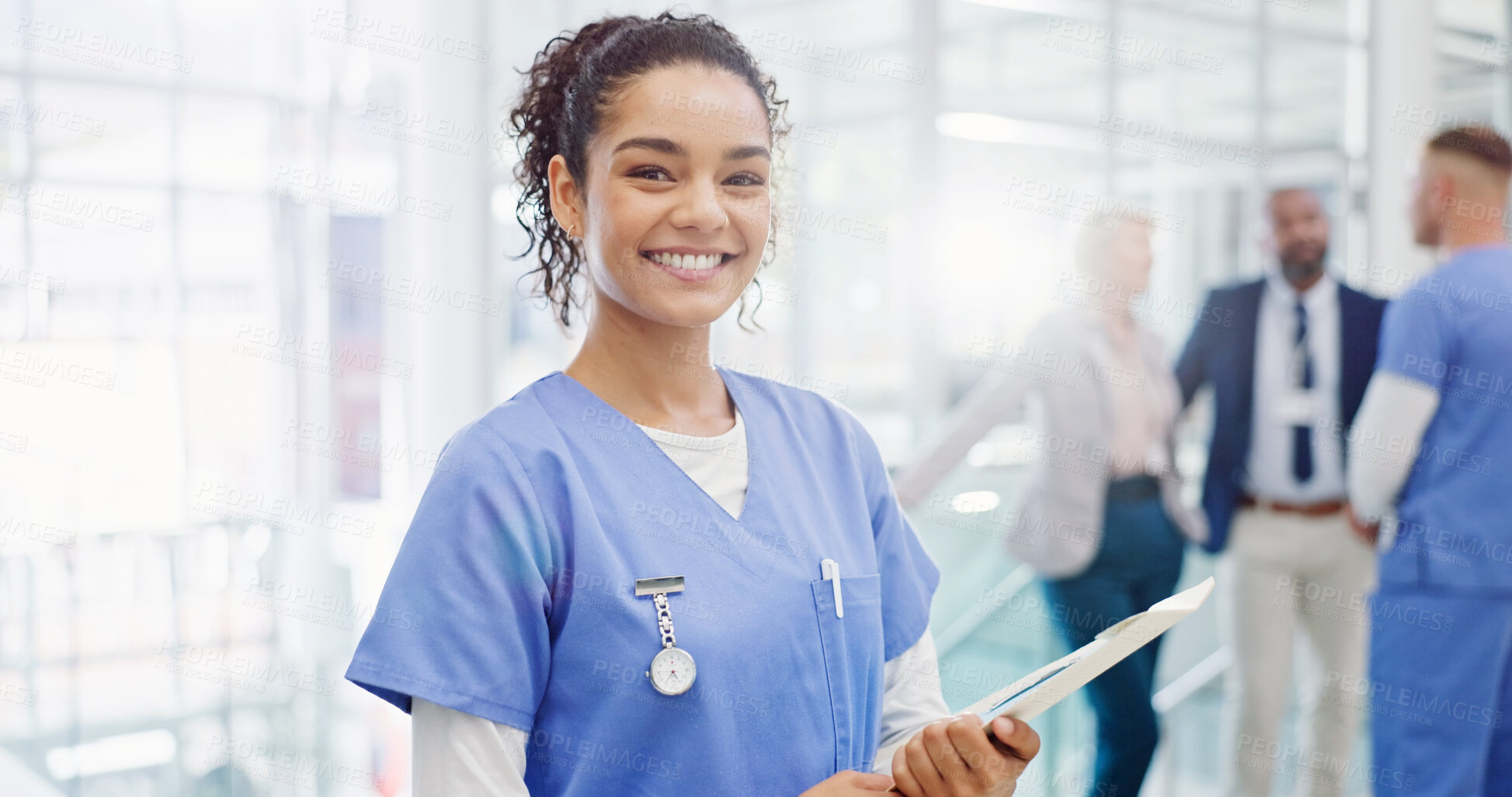 Buy stock photo Portrait, files and nurse with woman in hospital for Clade 1 mpox virus, outbreak control and healthcare report. Virologist, medical development and disease tracking with person in clinic for update