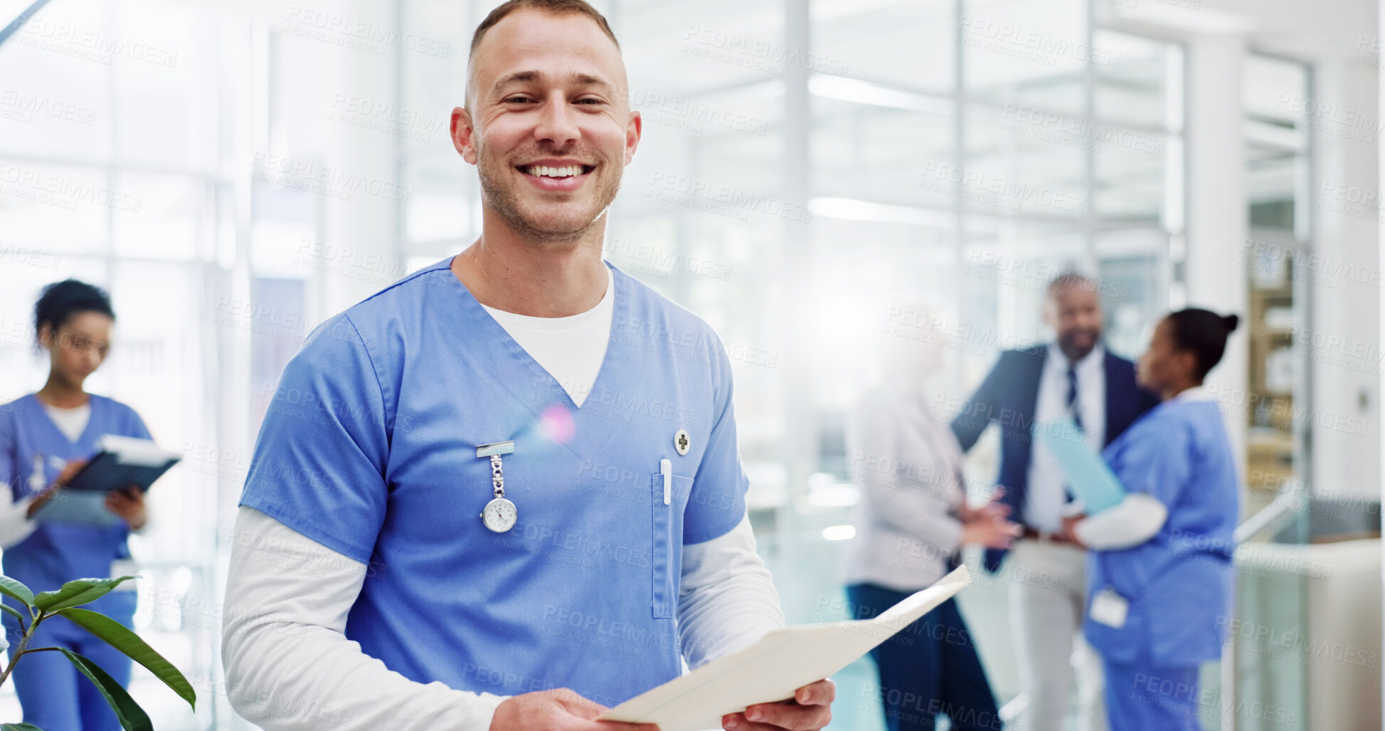 Buy stock photo Healthcare, portrait and doctor in hospital with document, public service and confident. Man nurse, medical assistant or smile in clinic with patient report, about us or paper for schedule checklist