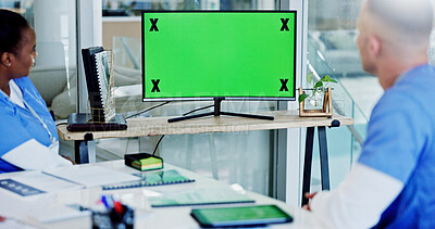 Buy stock photo Doctors, meeting and monitor with green screen at hospital with mock up space for medical training workshop. People, team and presentation on web in boardroom with chroma key for bird flu at clinic