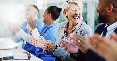 Buy stock photo Applause, nurses and doctors in management meeting with support, success or achievement in clinic. Smile, cheers and healthcare team in celebration for medical innovation, hospital funding or winning