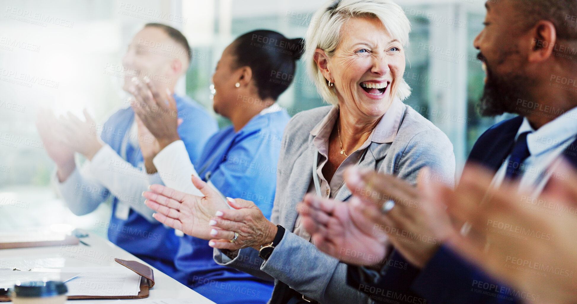 Buy stock photo Applause, nurses and doctors in management meeting with support, success or achievement in clinic. Smile, cheers and healthcare team in celebration for medical innovation, hospital funding or winning
