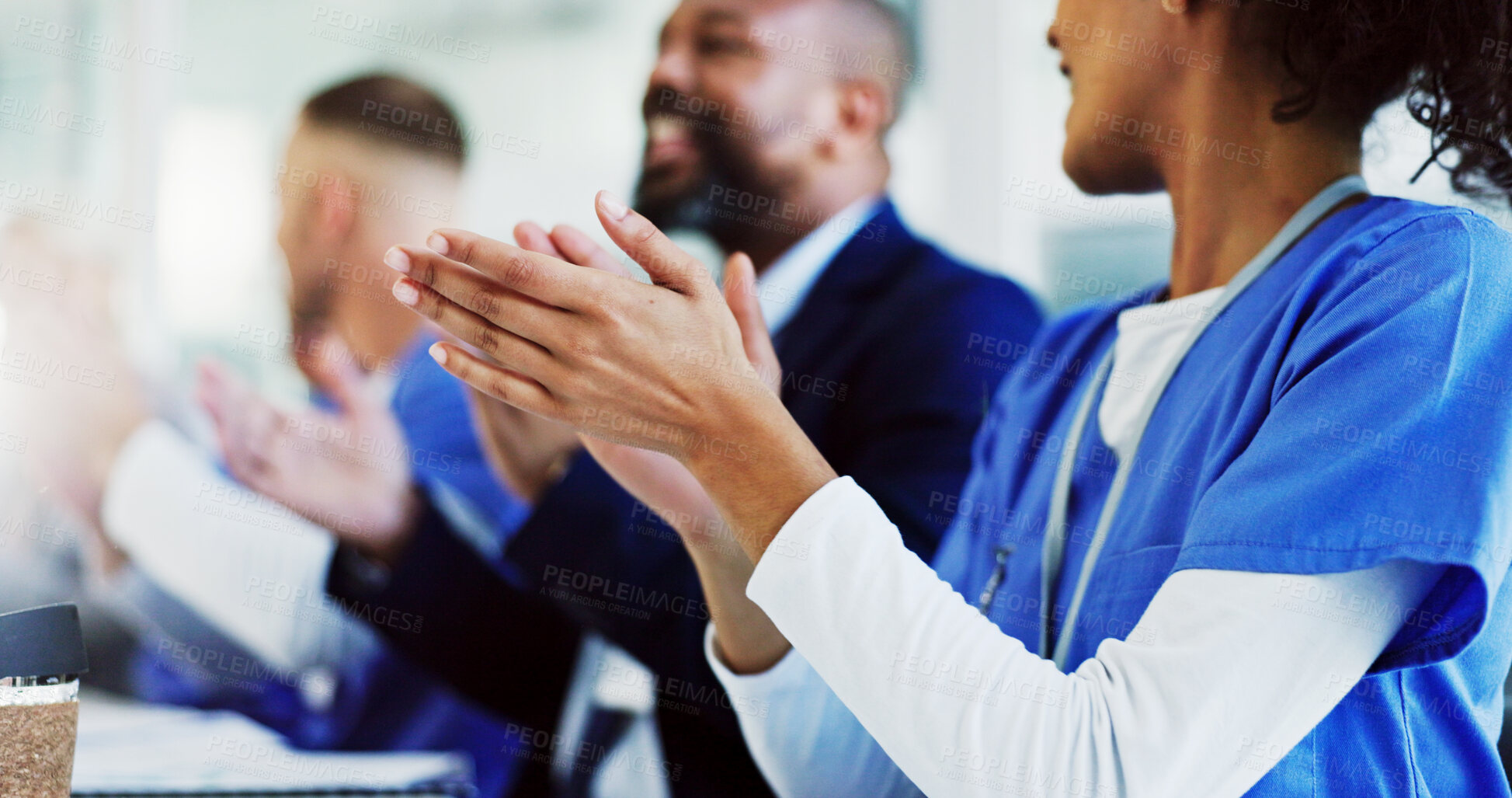 Buy stock photo People, applause and doctors in hospital, meeting and achievement with breakthrough research. Group, clapping and employees in clinic, seminar and celebration with goals, opportunity and cheering
