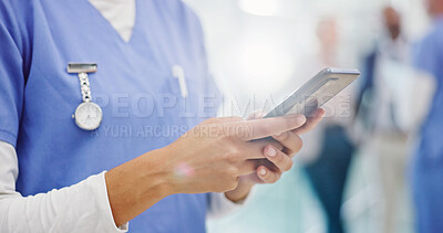 Buy stock photo Person, hands or nurse with phone for health app, telehealth or medical research at hospital. Closeup, caregiver or practitioner typing on mobile smartphone for online course, tips or news at clinic