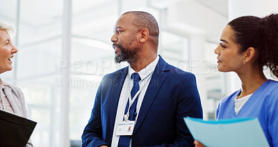 Buy stock photo Collaboration, healthcare and meeting with hospital manager speaking to staff for medical planning. Administration, management and medicine with professional talking to medicare team in clinic