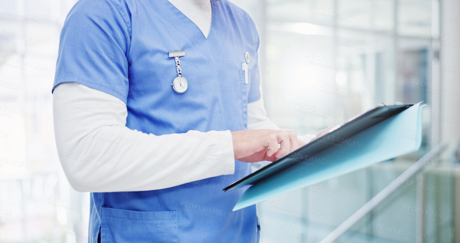 Buy stock photo Hands, nurse and documents in corridor at hospital, reading and medical history with administration. Person, report and review checklist for evaluation, solution and healthcares service at clinic