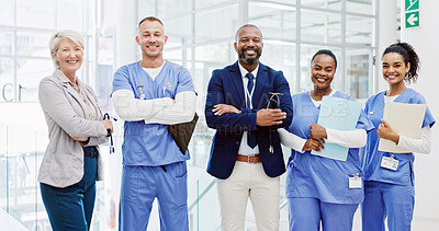 Buy stock photo Business people, portrait or medical team with confidence for healthcare service, progress or development at hospital. Group, board directors and nurses with smile, arms crossed or about us at clinic