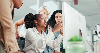 Buy stock photo Computer, frustration or mistake with business woman and annoyed team in office for failure or sales losse. Crisis, glitch or virus with professional employee at desk to explain problem to colleagues